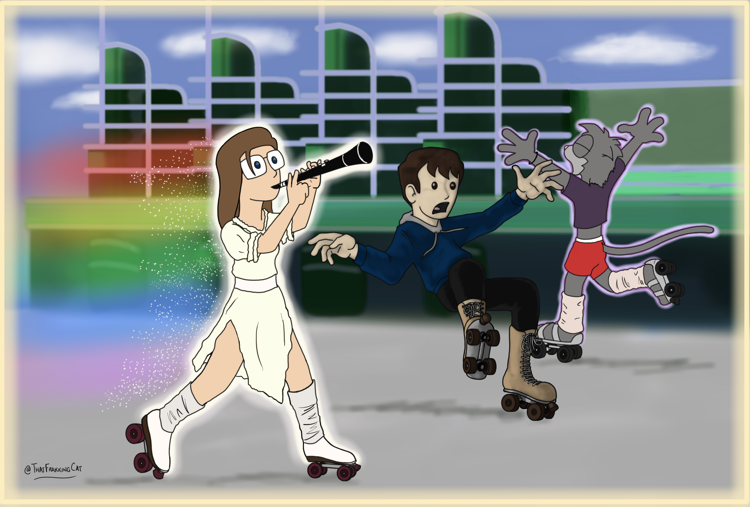 Miranda, Jonas and Dave doing a tribute to Xanadu. Illustrated by @ThatFrakkingCat